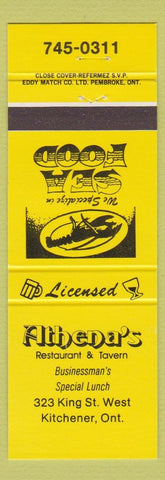 Matchbook Cover - Athena's Restaurant Kitchener ON yellow