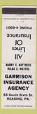 Matchbook Cover - Garrison Insurance Reading PA WEAR