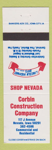 Matchbook Cover - Corbin Construction Nevada IA Lincoln Highway Days