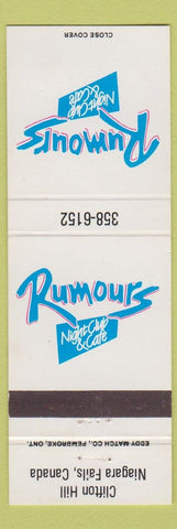 Matchbook Cover - Rumours Night Club Cafe Niagara Falls ON Clifton Hill