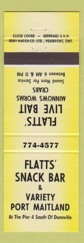 Matchbook Cover - Flatts' Snack Bar Variety Port Maitland ON yellow