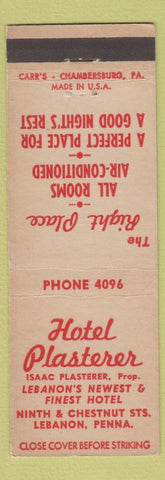 Matchbook Cover - Hotel Plasterer Lebanon PA