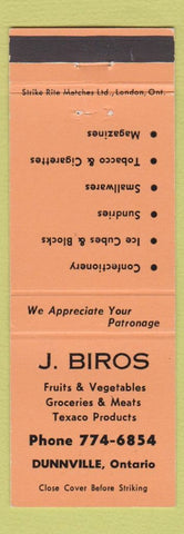 Matchbook Cover - J Biros Groceyr Texaco oil gas Dunnville ON orange