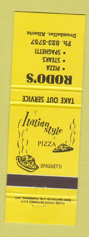 Matchbook Cover - Rodo's Pizza Drumheller AB yellow