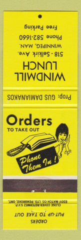 Matchbook Cover - Windmill Lunch Winnipeg MB yellow
