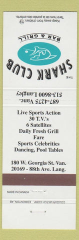Matchbook Cover - Shark Club Bar Grill billiards Vancouver Langley BC