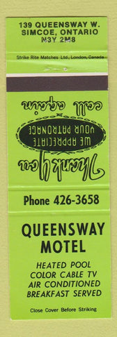 Matchbook Cover - Queensway Motel Simcoe ON lime