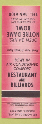 Matchbook Cover - Notre Dame Bowling Billiards Sudbury ON red