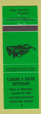 Matchbook Cover - Cabane A Sucre Bertrand Cote Des Anges QC snowmobile green