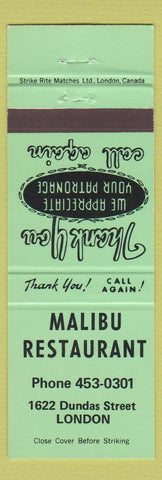 Matchbook Cover - Malibu Restaurant London ON green