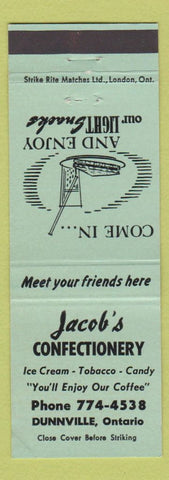 Matchbook Cover - Jacob's Confectionery Dunnville ON green FRONT STRIKE