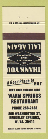 Matchbook Cover - Warm Springs Restaurant Berkeley Springs WV