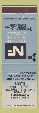 Matchbook Cover - National Fire Insurance Booth and Deutsch Danville PA