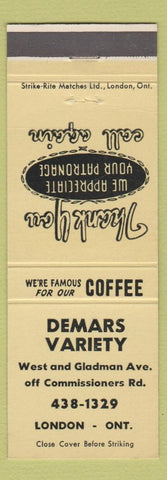 Matchbook Cover - Demars Variety London ON yellow