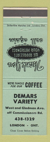 Matchbook Cover - Demars Variety London ON green