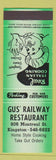 Matchbook Cover - Gus Railway Restaurant Kingston ON green