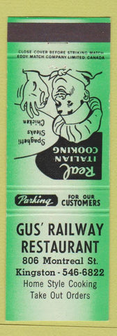 Matchbook Cover - Gus Railway Restaurant Kingston ON green