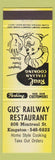 Matchbook Cover - Gus Railway Restaurant Kingston ON yellow