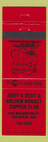 Matchbook Cover - Arvy's Rest and Golden Nugget Supper Club Two Rivers WI