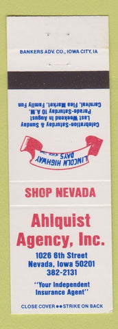 Matchbook Cover - Ahlquist Agency Insurance Nevada IA Lincoln Highway Days