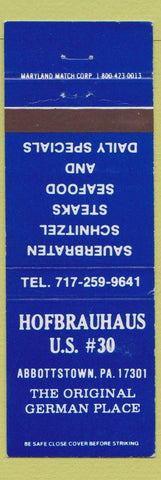 Matchbook Cover - Hofbrauhaus German Restaurant Abbottstown PA