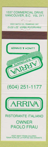 Matchbook Cover - Arriva Ristorante Restaurant Vancouver BC