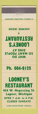 Matchbook Cover - Looney's Restaurant Lapeer MI