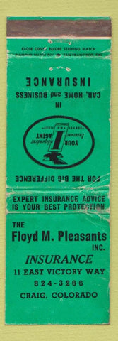 Matchbook Cover - Floyd M Pleasants Insurance Craig Colorado WORN