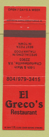 Matchbook Cover - El Greco's Restaurant Charlottesville VA Italian