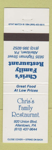 Matchbook Cover - Chris's Family Restaurant Allentown PA