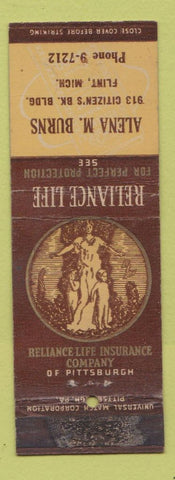 Matchbook Cover - Reliance Life Insurance Alena Burns Flint MI WEAR