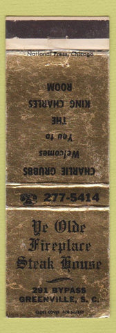 Matchbook Cover - YE Olde Fireplace Steak House Greenville SC WORN