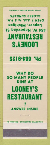 Matchbook Cover - Looney's Restaurant Lapeer MI