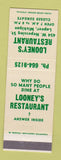 Matchbook Cover - Looney's Restaurant Lapeer MI