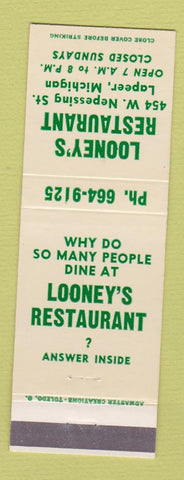 Matchbook Cover - Looney's Restaurant Lapeer MI