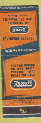 Matchbook Cover - Candler Rexall Drugs low phone Metter GA WORN