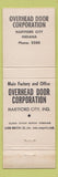 Matchbook Cover - Overhead Door Corp Hartford City IN