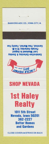 Matchbook Cover - 1st Haley Real Estate Nevada IA Lincoln Highway Days