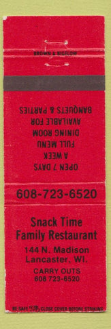 Matchbook Cover - Snack Time Family Restaurant Lancaster WI