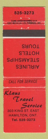 Matchbook Cover - Klaus Travel Service Hamilton ON WEAR