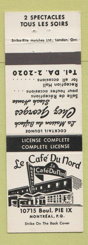 Matchbook Cover - Le Cafe Du Nord Montreal QC