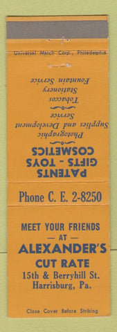 Matchbook Cover - Alexander's Cut Rate Harrisburg PA