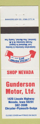 Matchbook Cover - Gunderson Motor Nevada IA Lincoln Highway Days