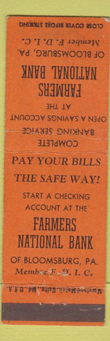 Matchbook Cover - Farmers National Bank Bloomsburg PA orange