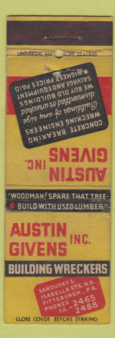 Matchbook Cover - Austin Givins Building Wreckers Pittsburgh PA demolition WEAR