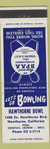 Matchbook Cover - Hawthorne Bowling CA BPAA billiards