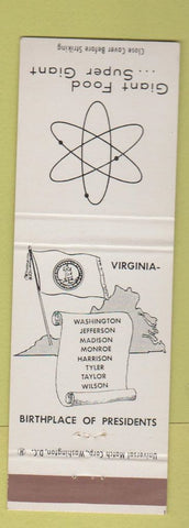 Matchbook Cover - Giant Food Grocery Virginia Birthplace of Presidents