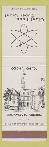 Matchbook Cover - Giant Food Grocery Colonial Capitol Williamsburg VA