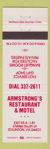 Matchbook Cover - Armstrong's Restaurant Motel Staunton VA