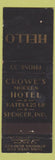 Matchbook Cover - Crowe's Hotel Spencer IN low phone WEAR